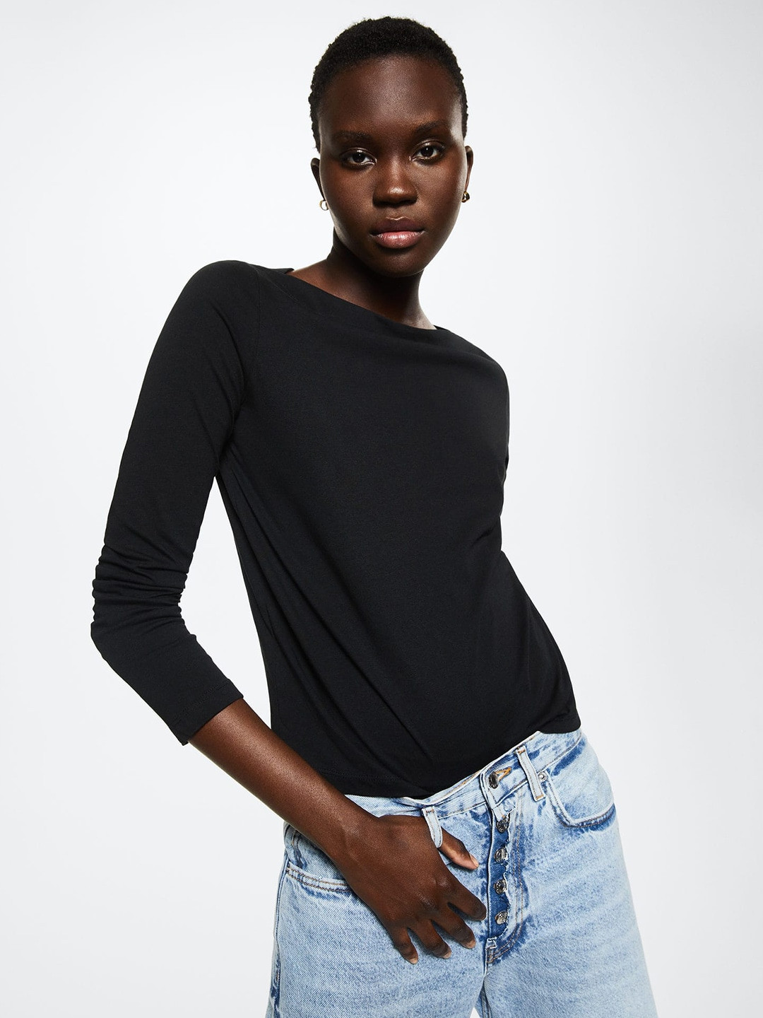 

MANGO Women Black Solid Pure Cotton Sustainable T-shirt