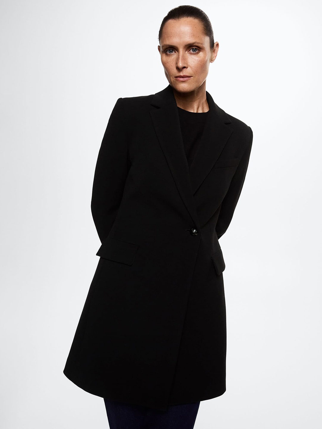 

MANGO Women Black Solid Notched Lapel Sustainable Longline Overcoat