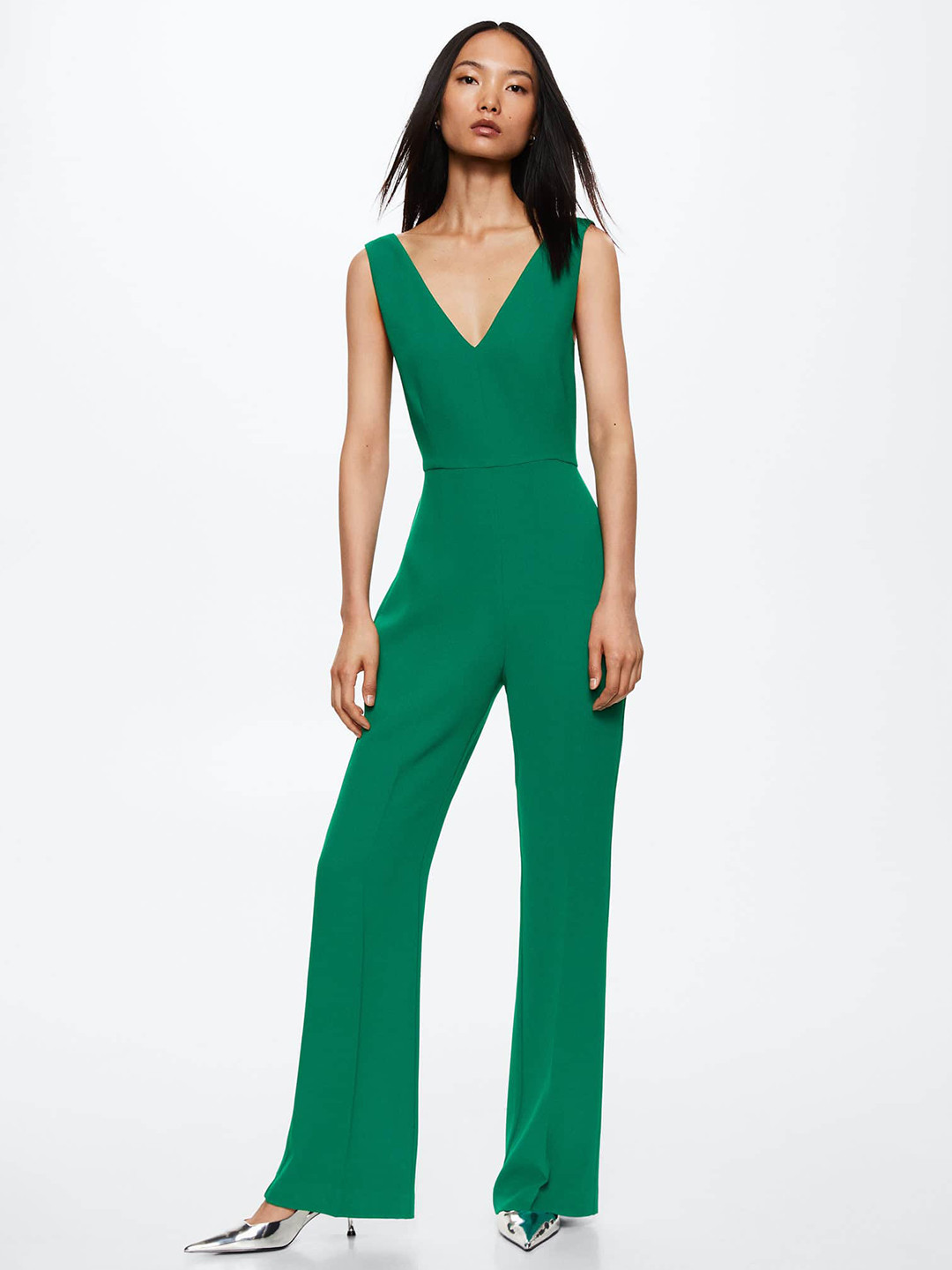 

MANGO Green Solid Basic Jumpsuit