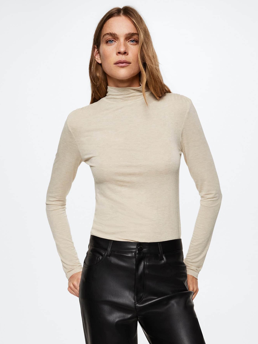 

MANGO Women Off White Solid High Neck T-shirt
