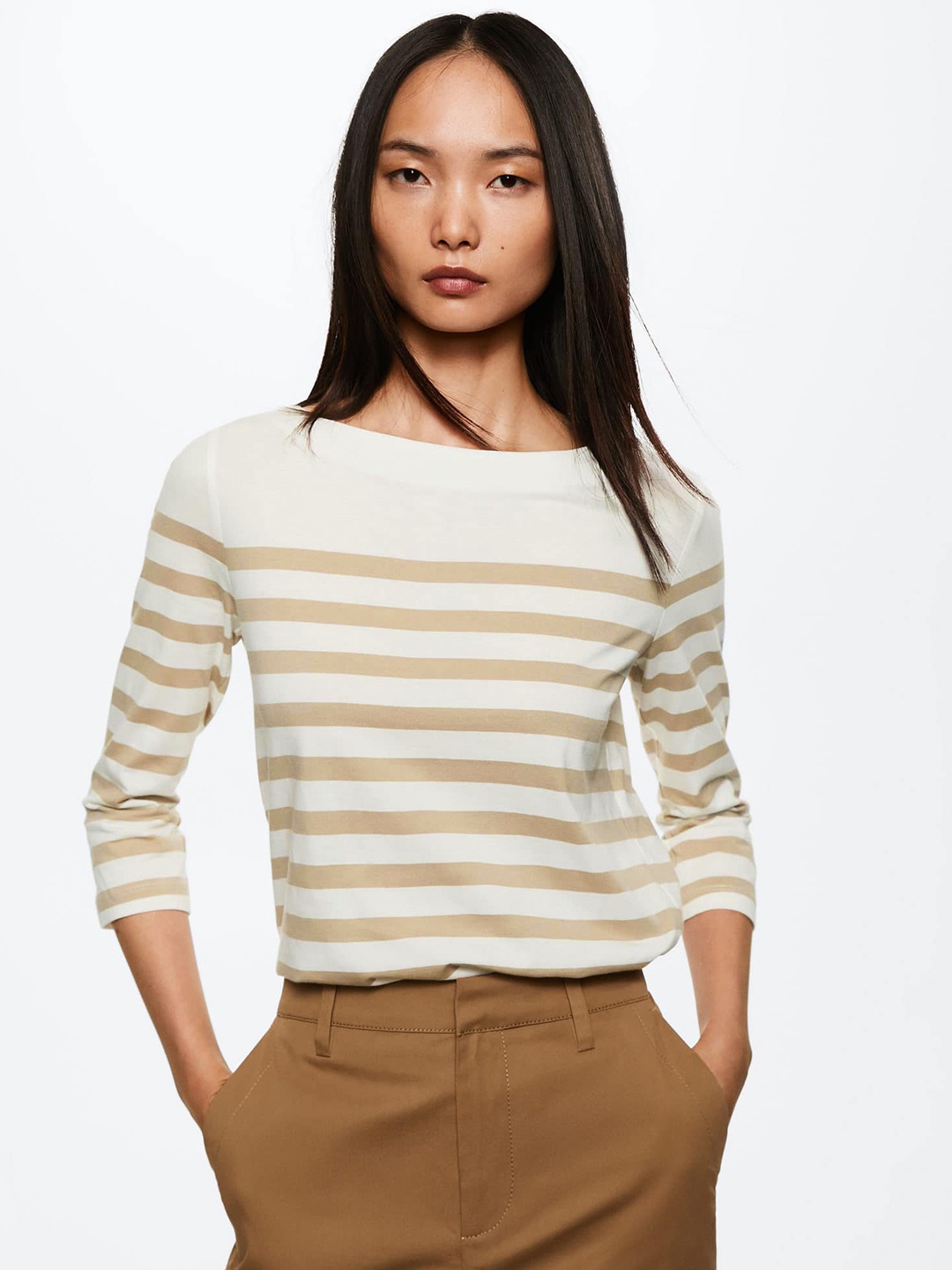 

MANGO Women Off White & Taupe Striped Pure Cotton T-shirt