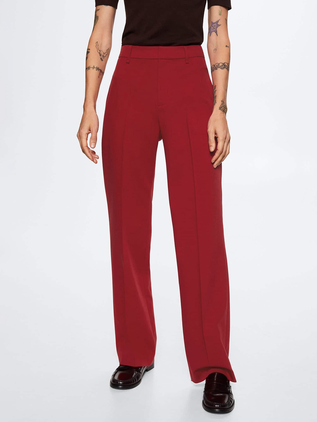 

MANGO Women Red Straight Fit High-Rise RegularPleated Trousers