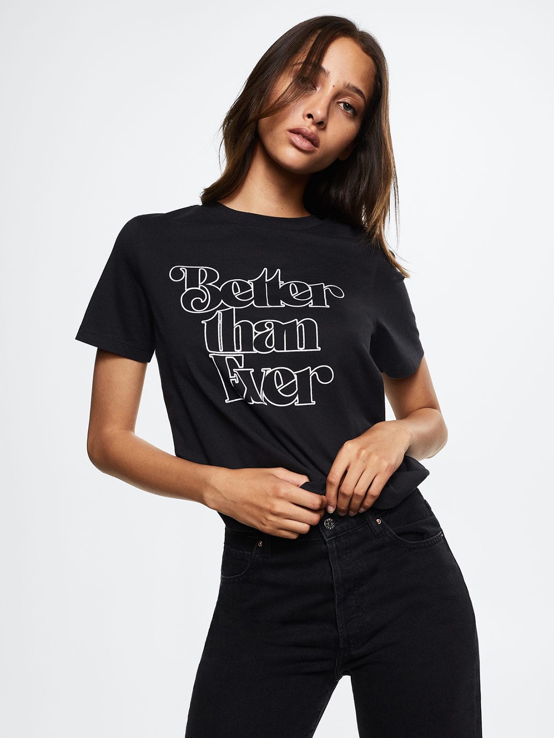 

MANGO Women Black & White Typography Printed Pure Cotton T-shirt