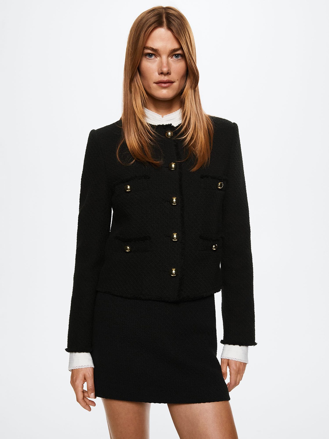 

MANGO Women Black Textured Collarless Single Breasted Blazer