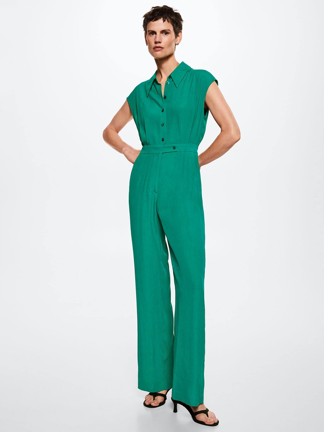 

MANGO Green Solid Pocket Flowy Sustainable Basic Jumpsuit