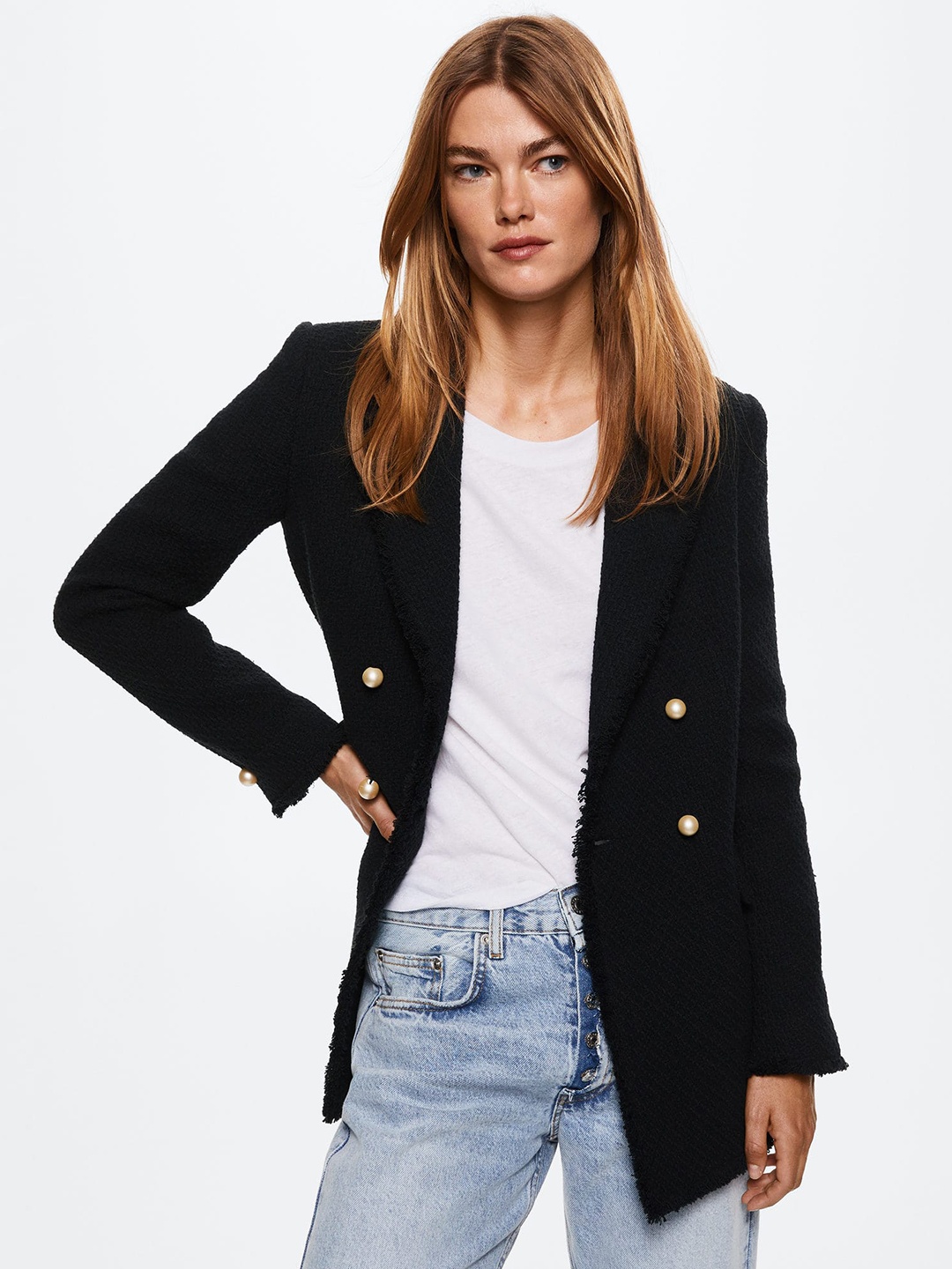 

MANGO Women Black Self Design Notched Lapel Single-Breasted Sustainable Blazer