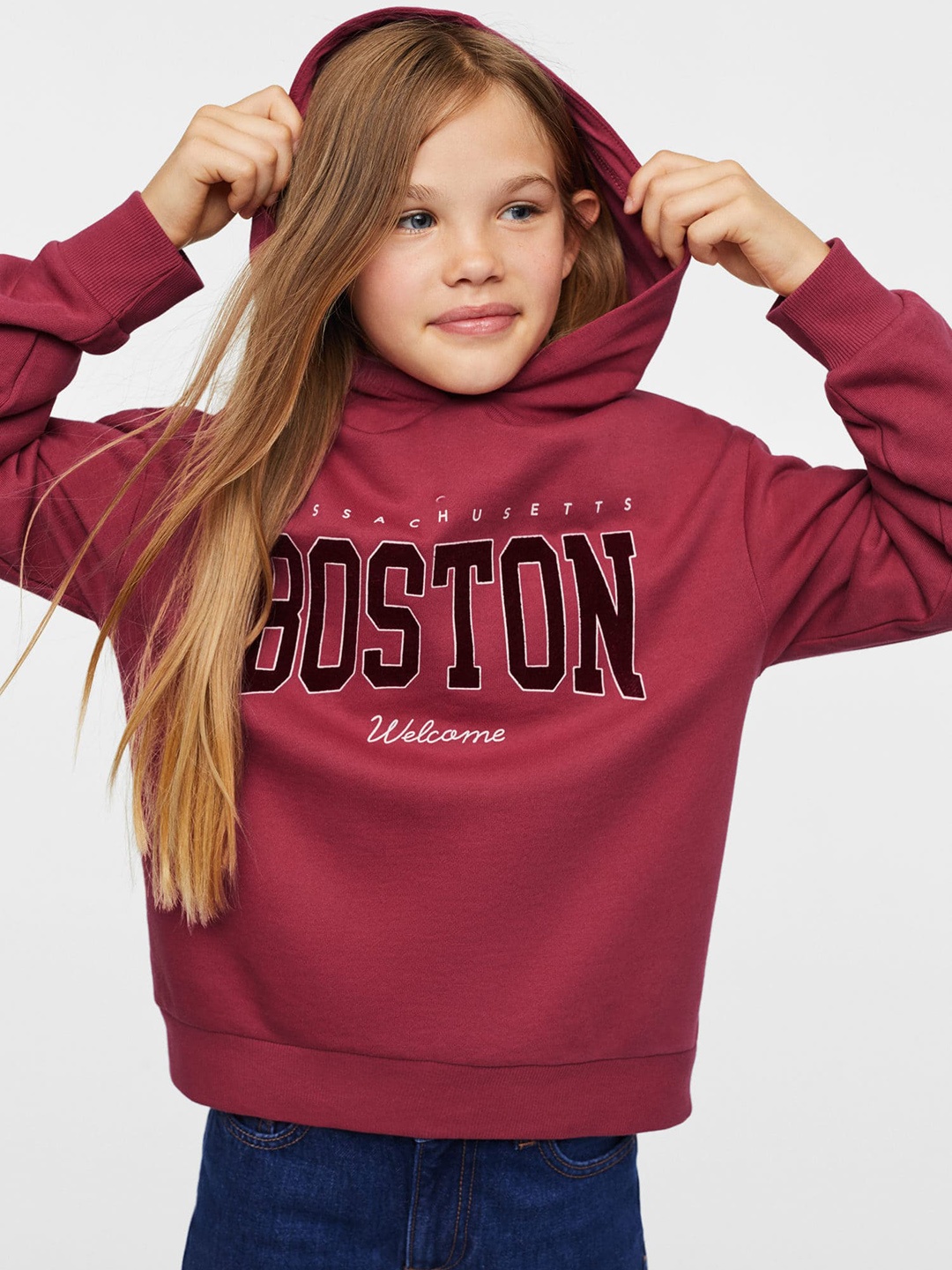 

Mango Kids Girls Maroon Printed Hooded Sustainable Pure Cotton Sweatshirt