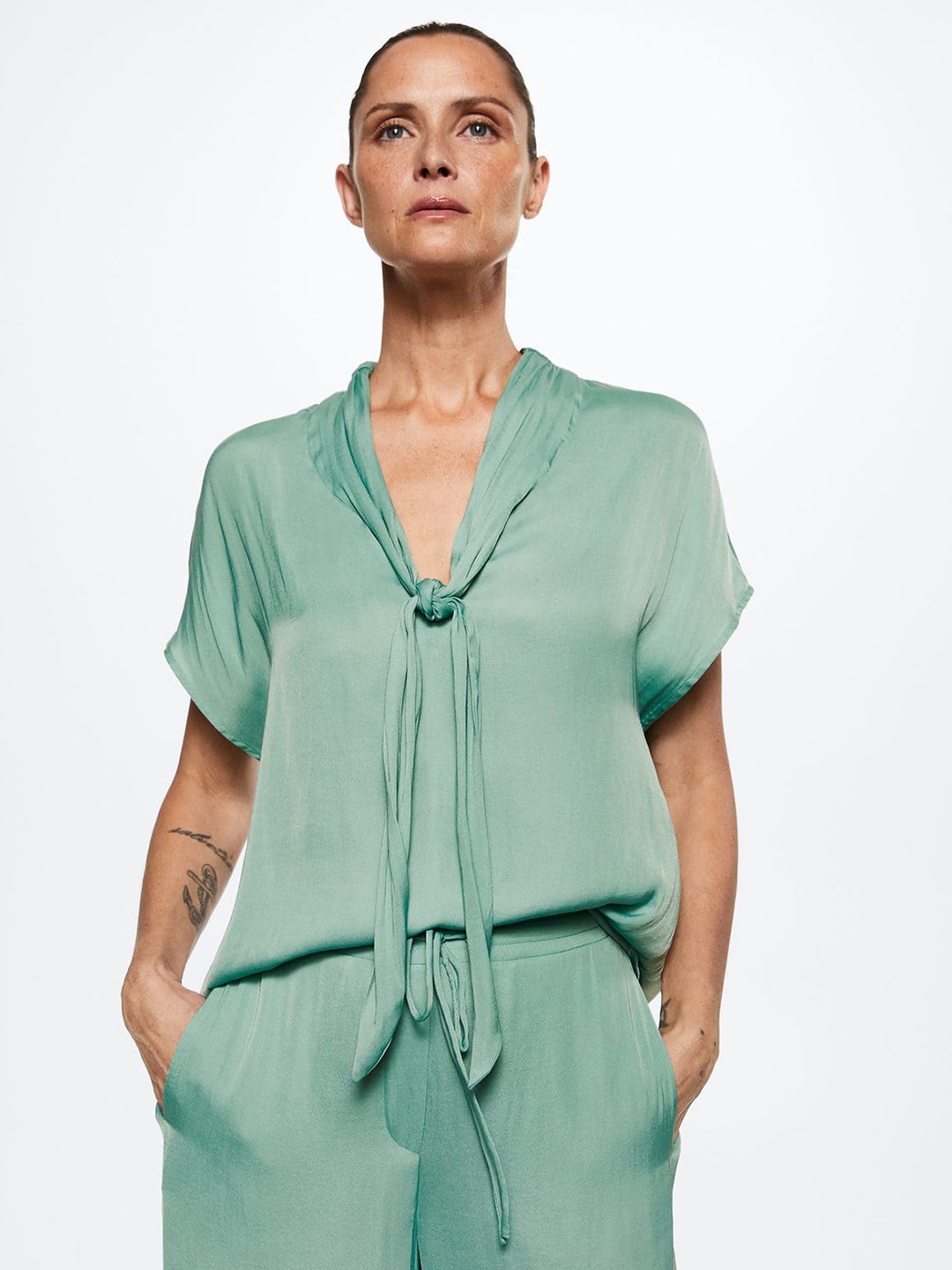 

MANGO Sage Green Tie-Up Neck Top
