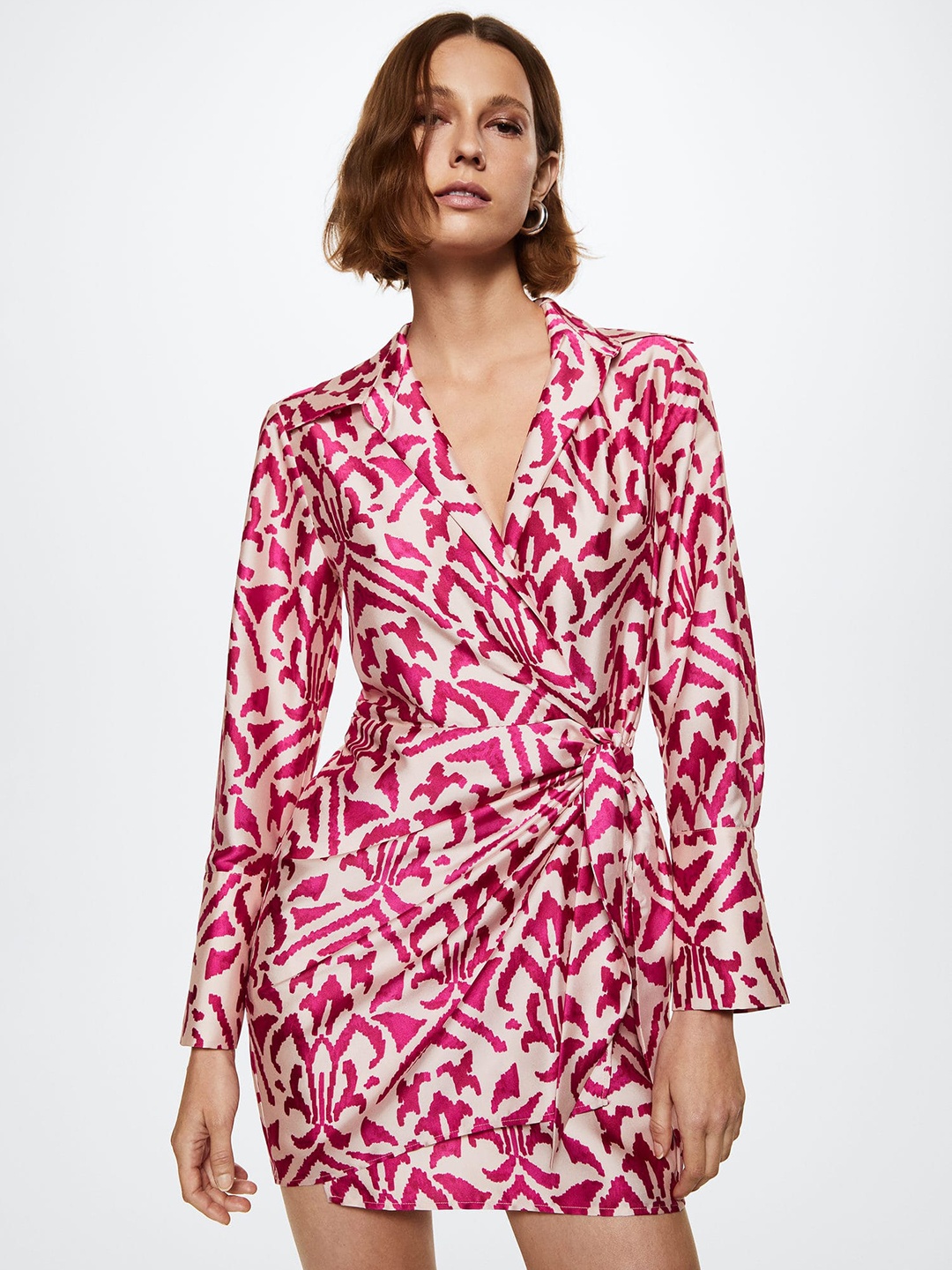 

MANGO Cream-Coloured & Pink Printed Satin Mini Wrap Dress