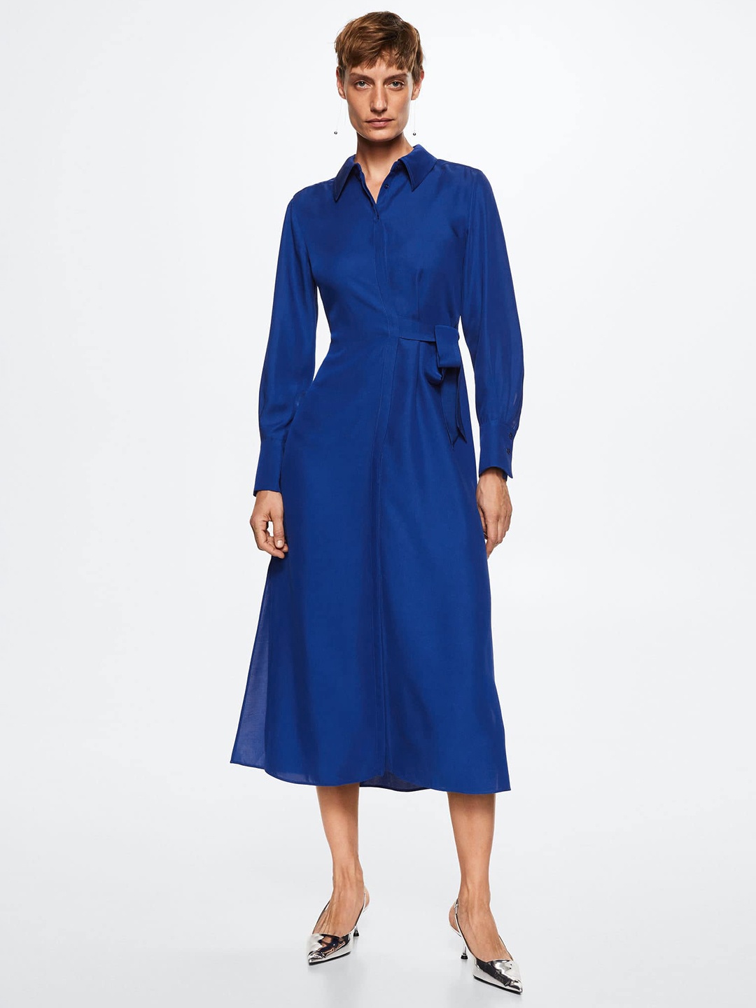

MANGO Blue Solid Shirt Midi Dress
