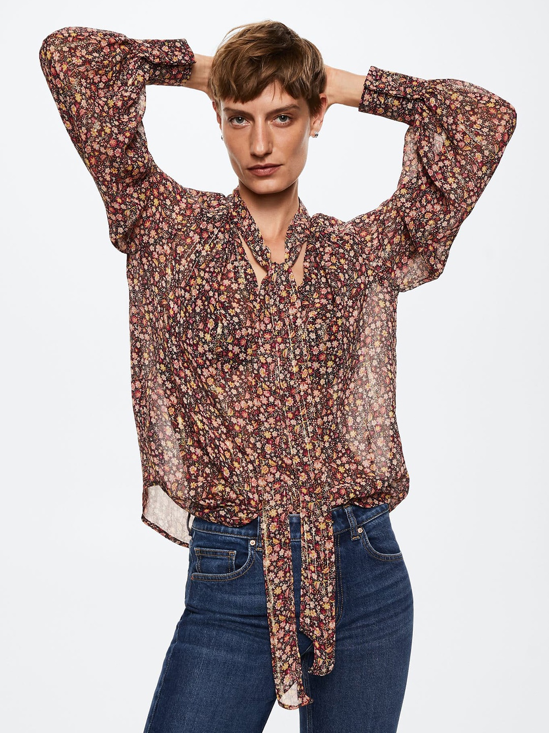 

MANGO Black & Pink Floral Print Tie-Up Neck Top