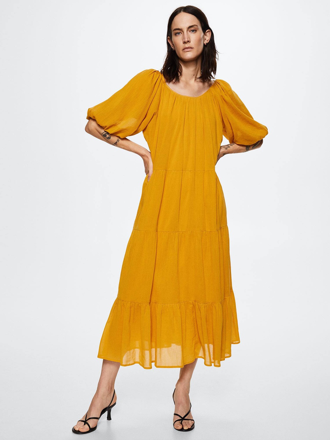 

MANGO Puff Sleeves Pure Cotton Maxi Tiered Dress, Mustard