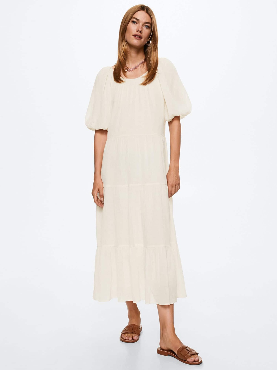 

MANGO Puff Sleeves Pure Cotton Maxi Tiered Dress, Cream