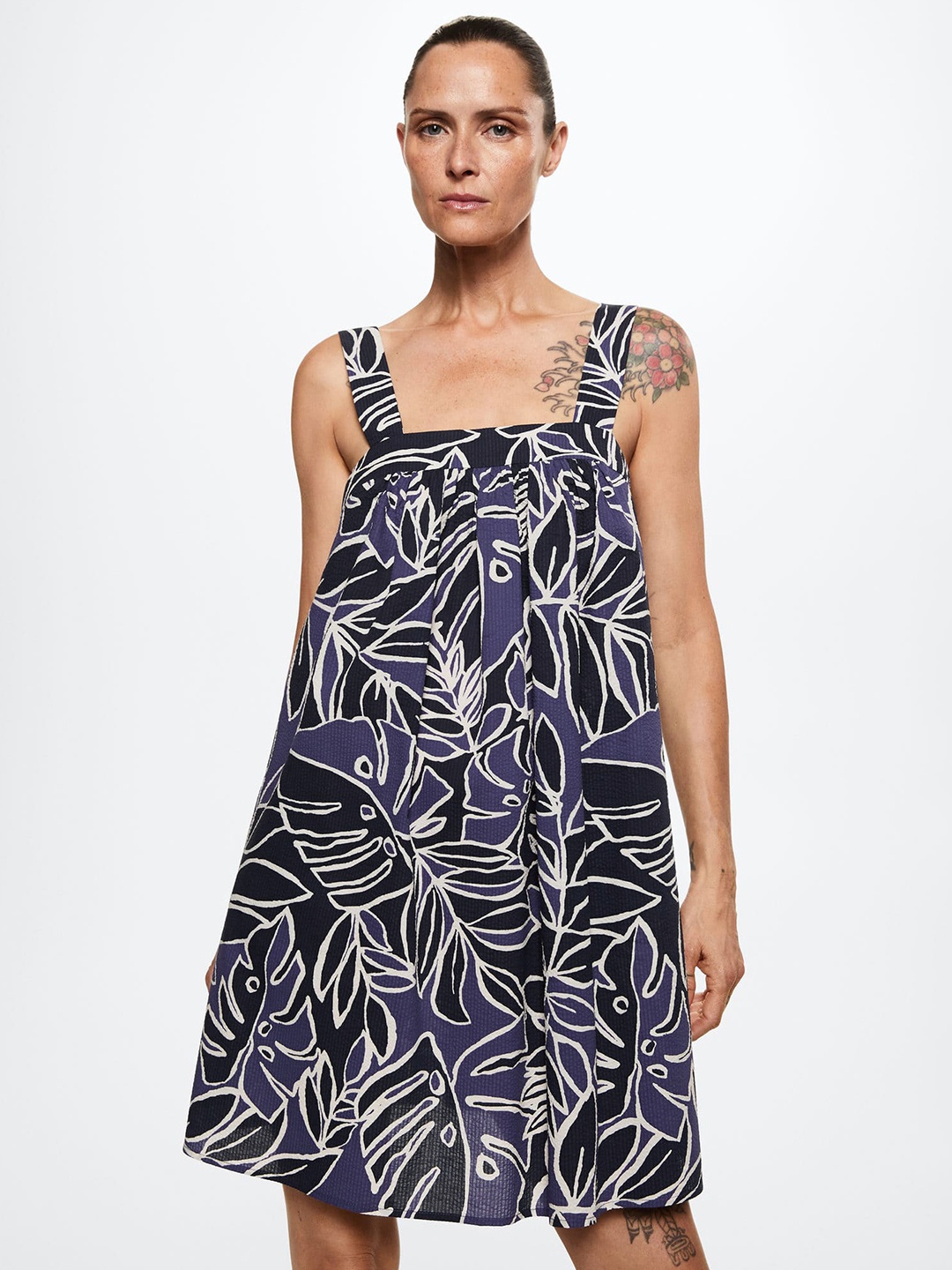 

MANGO Navy Blue & Purple Pure Cotton Tropical Print A-Line Dress