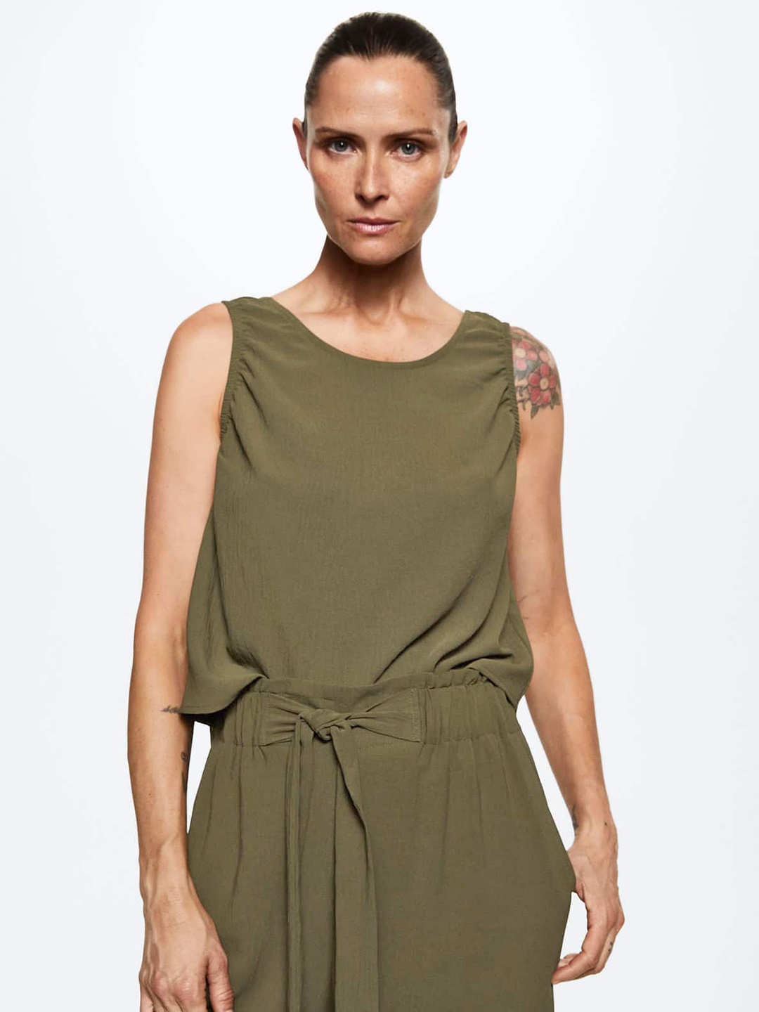 

MANGO Olive Green Solid Woven Top