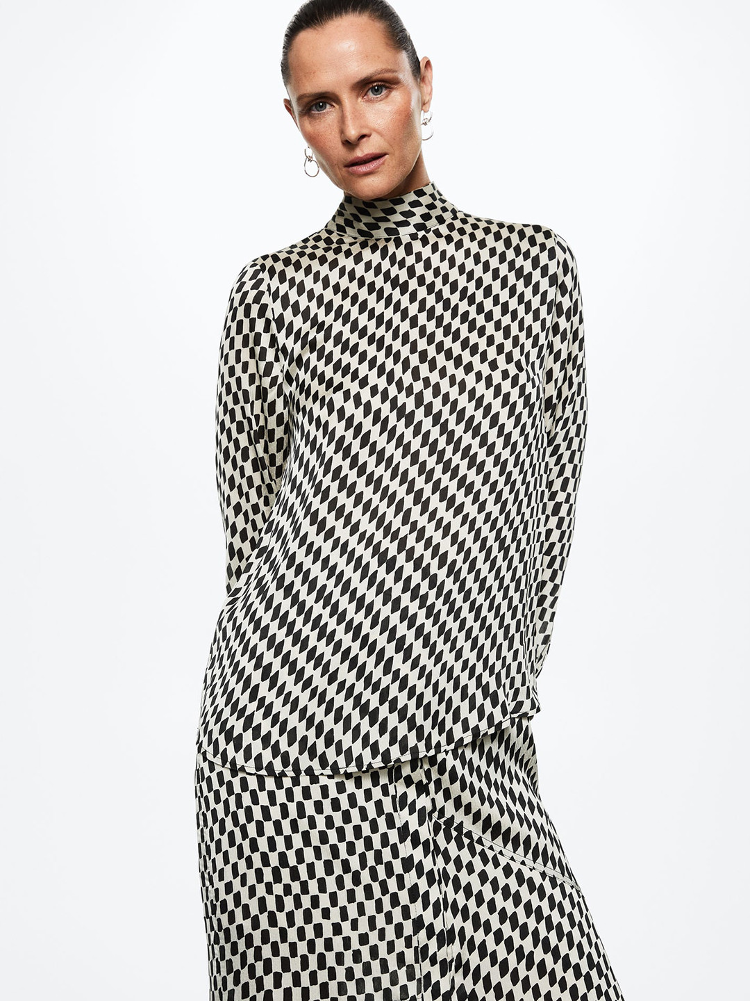 

MANGO Black & White Geometric Checked Tie-Up Neck Monochrome Top