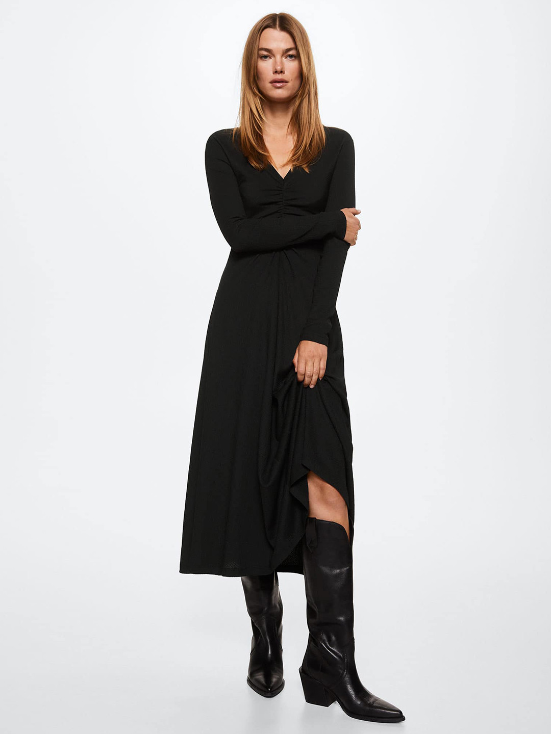 

MANGO Black Self Design A-Line Midi Dress