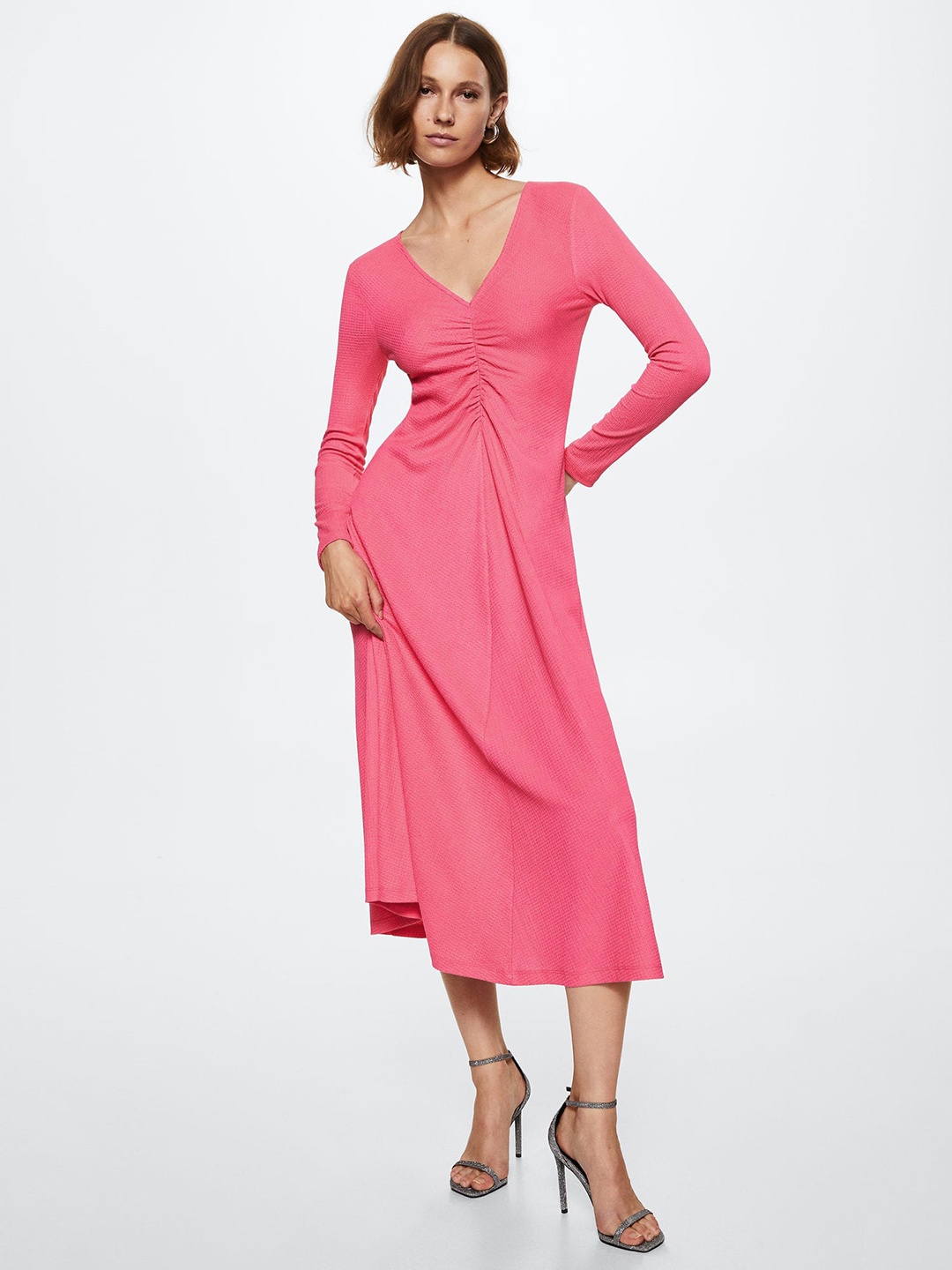 

MANGO Pink Ruched A-Line Midi Dress
