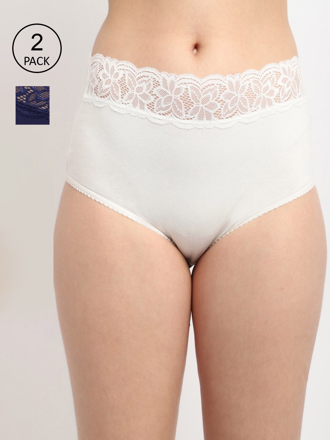 

GRACIT Women Navy And Off White Pack Of 2 Solid Lace Hipster Briefs, Navy blue