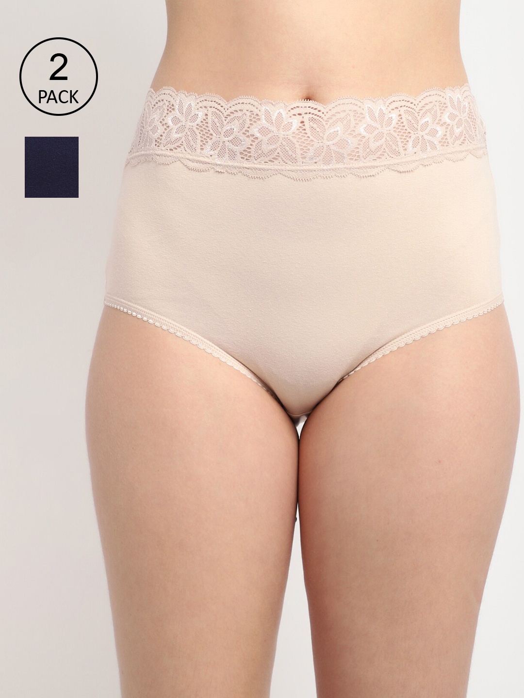 

GRACIT Women Pack Of 2 Beige and Navy Blue Solid Lace Hipster Briefs