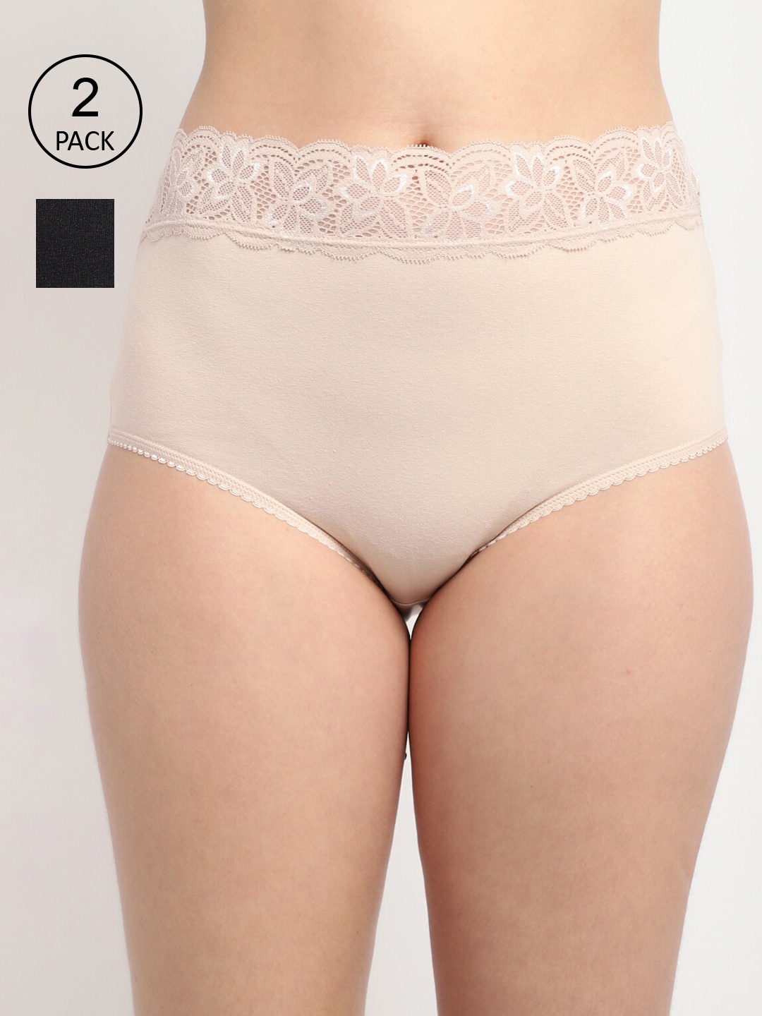 

GRACIT Women Beige and Black Pack Of 2 Solid Hipster Cotton Lace Briefs
