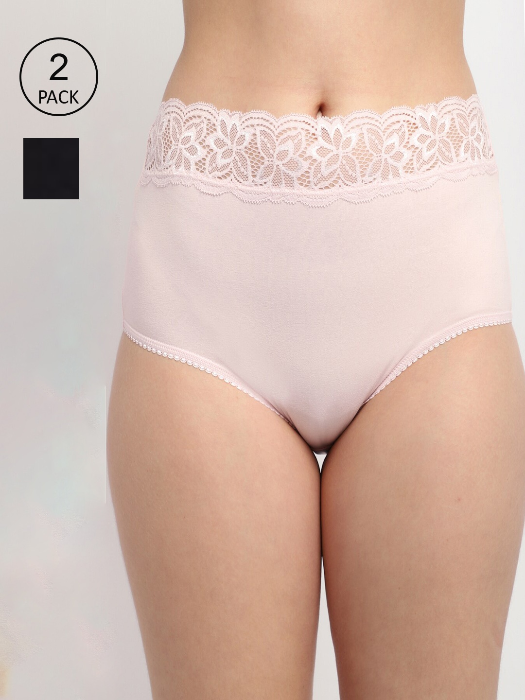 

GRACIT Women Pack Of 2 Black & Beige Solid Lace Hipster Briefs