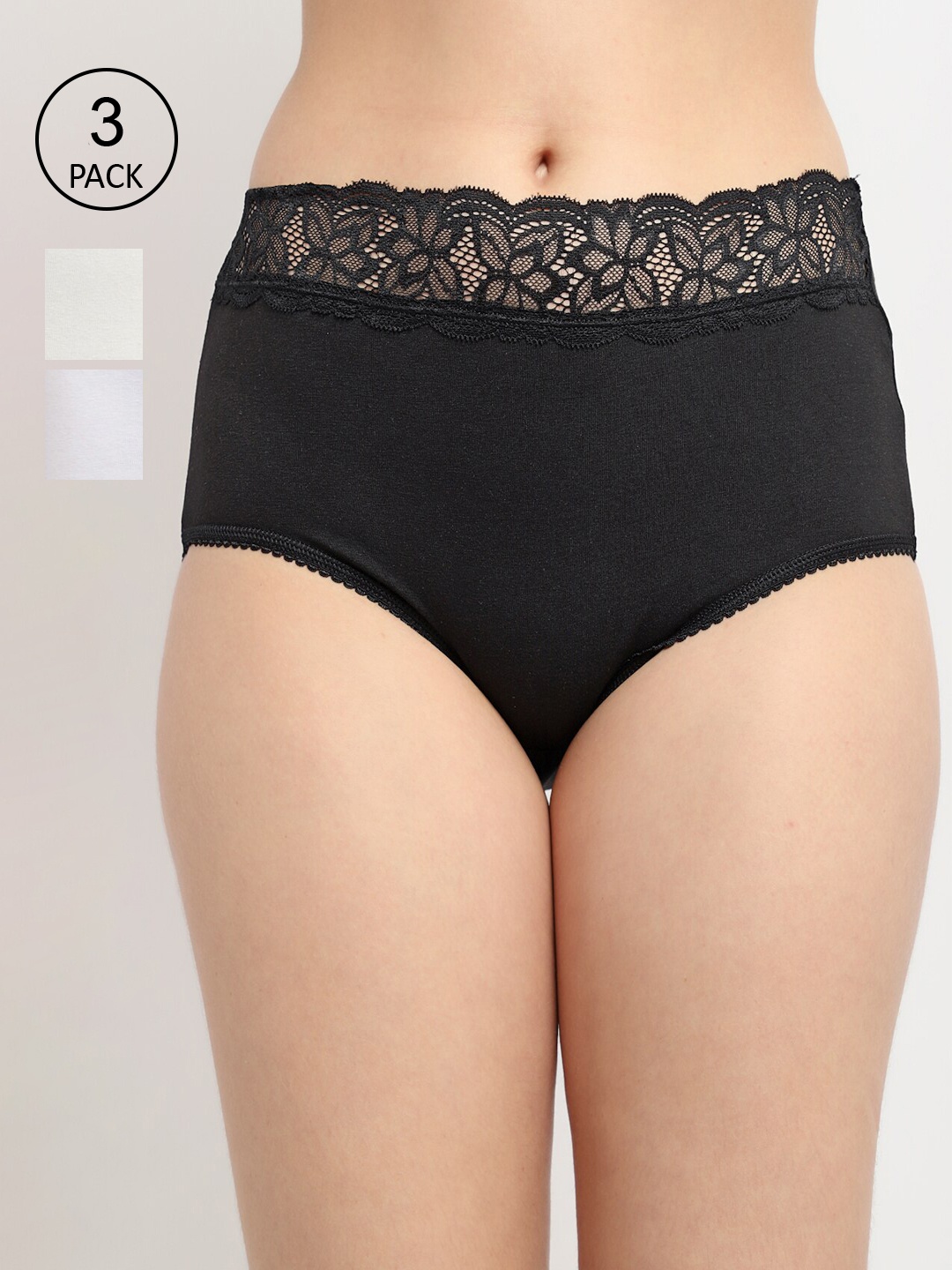 

GRACIT Women Pack Of 3 Solid Lace Hipster Briefs, Black