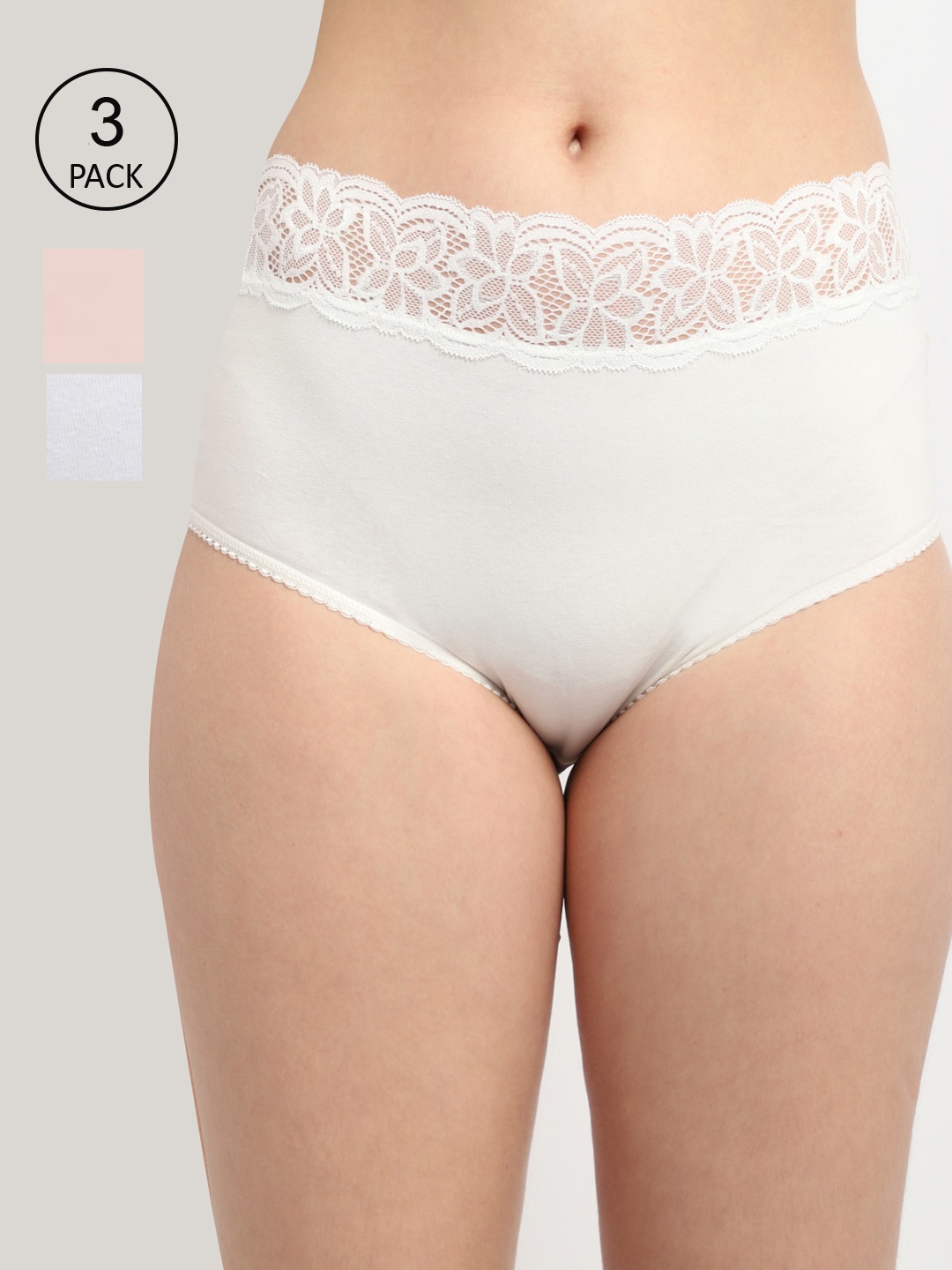 

GRACIT Women Pack Of 3 Solid Lace Hipster Briefs, White