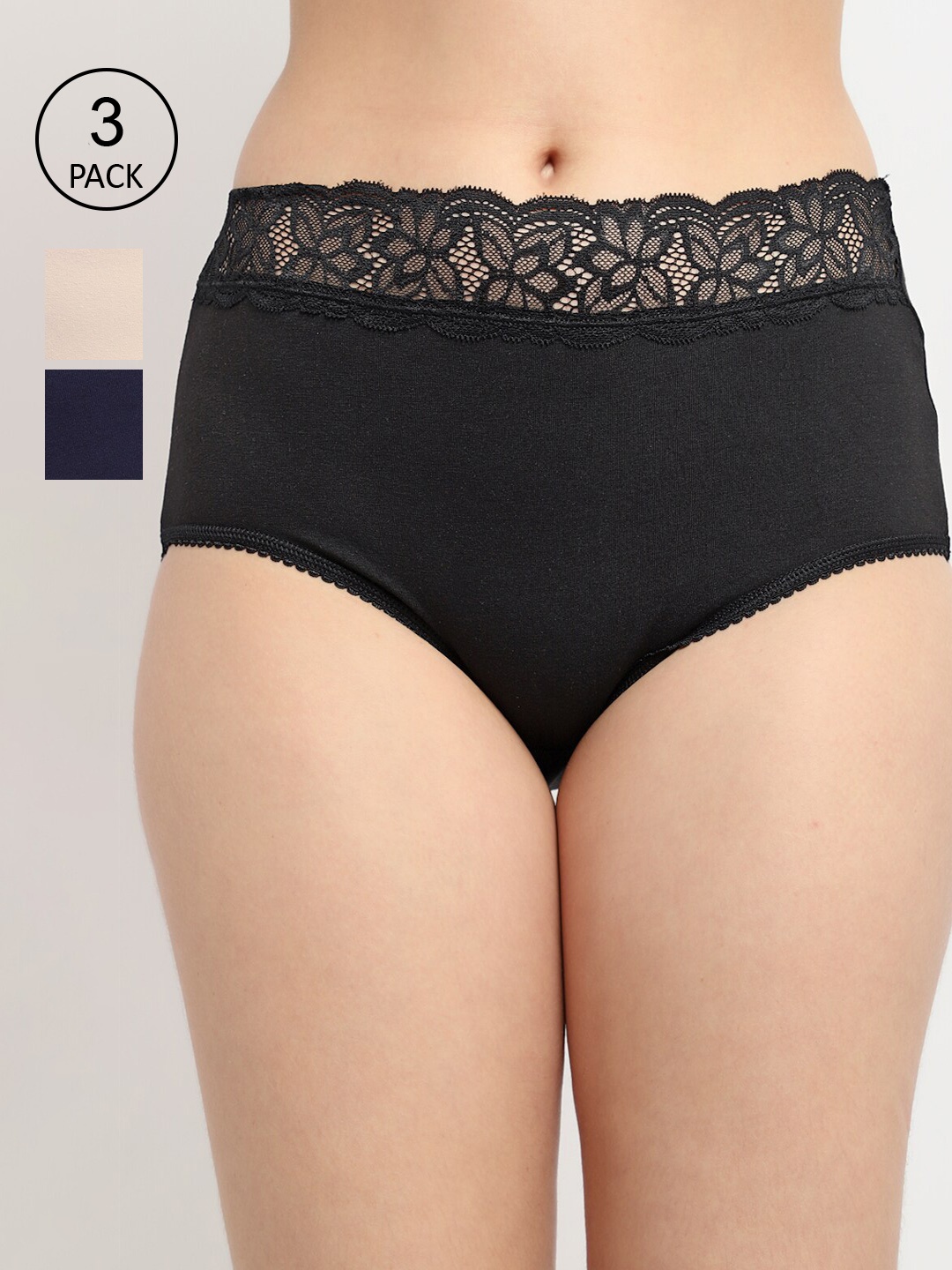

GRACIT Women Pack of 3 Solid Cotton Lace Hipster Briefs, Black