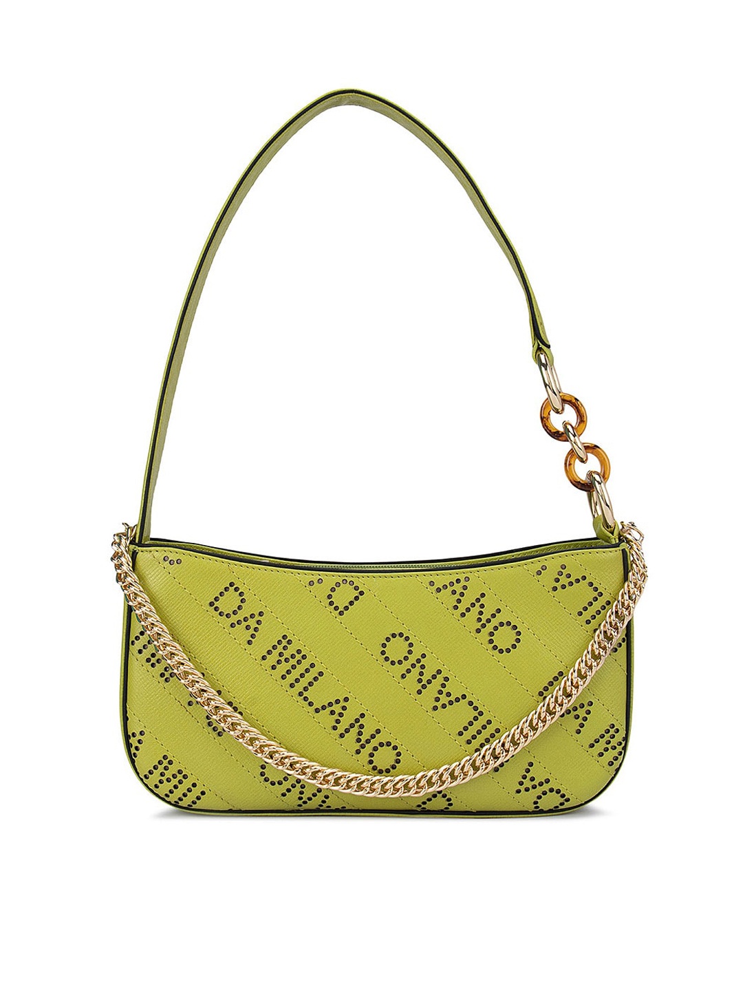 

Da Milano Green Embellished Leather Half Moon Shoulder Bag with Cut Work
