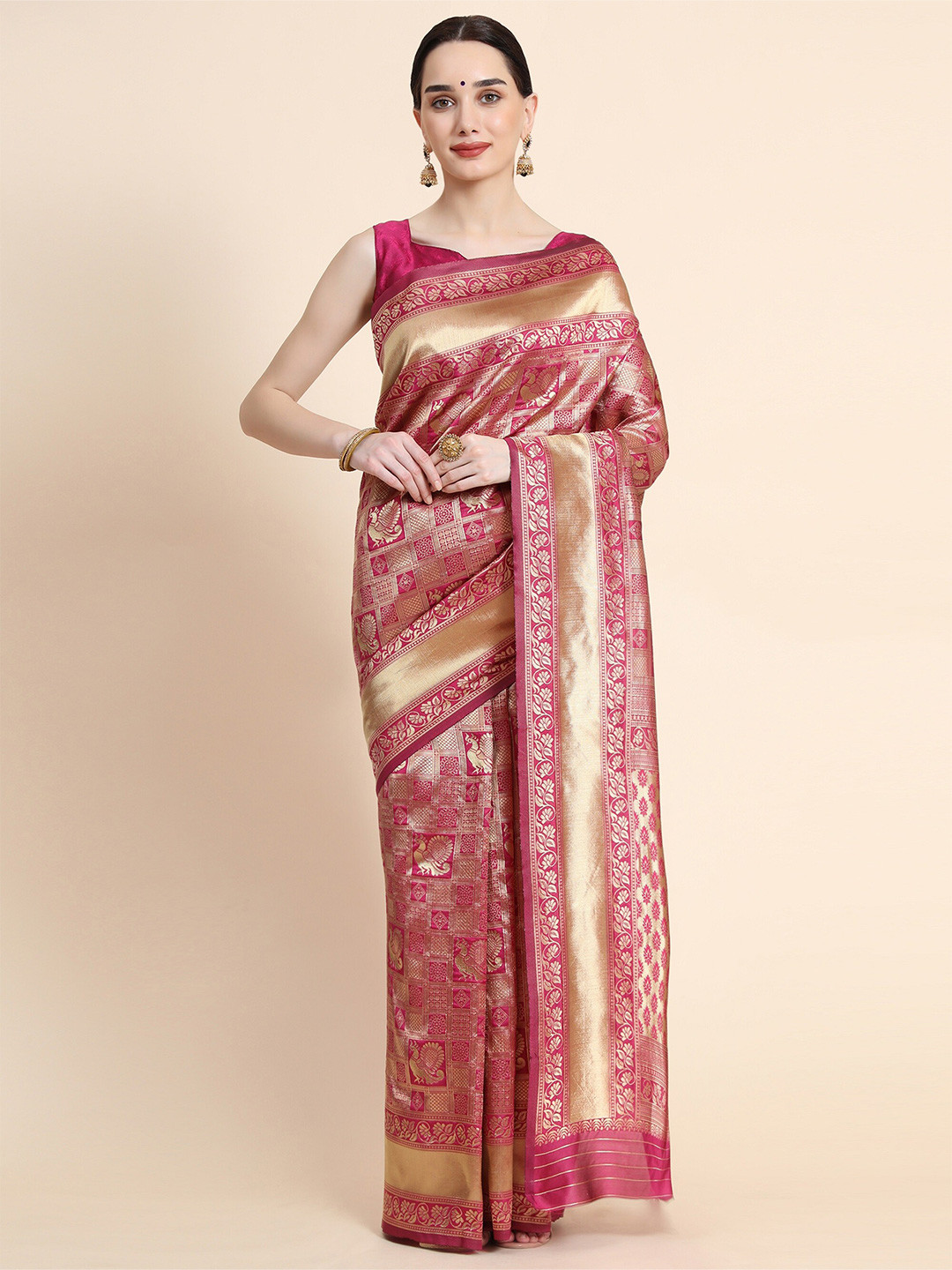 

AVANTIKA FASHION Pink & Gold-Toned Woven Design Zari Pure Silk Kanjeevaram Saree