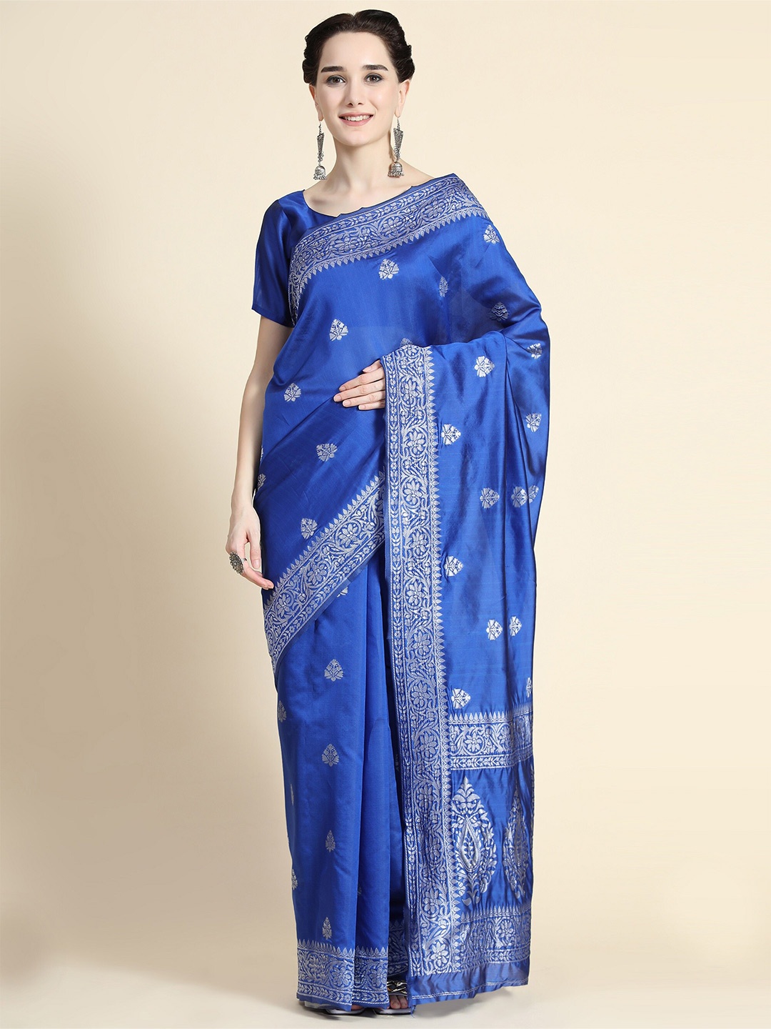 

AVANTIKA FASHION Blue & Gold-Toned Woven Design Pure Silk Kanjeevaram Saree