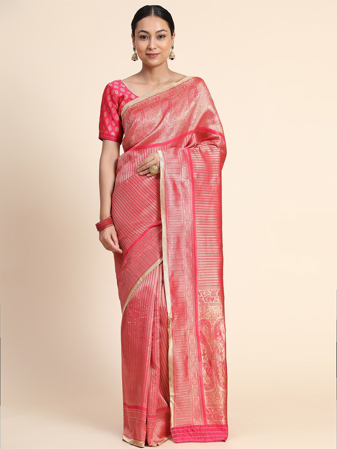

AVANTIKA FASHION Pink & Gold-Toned Woven Design Zari Pure Silk Kanjeevaram Saree