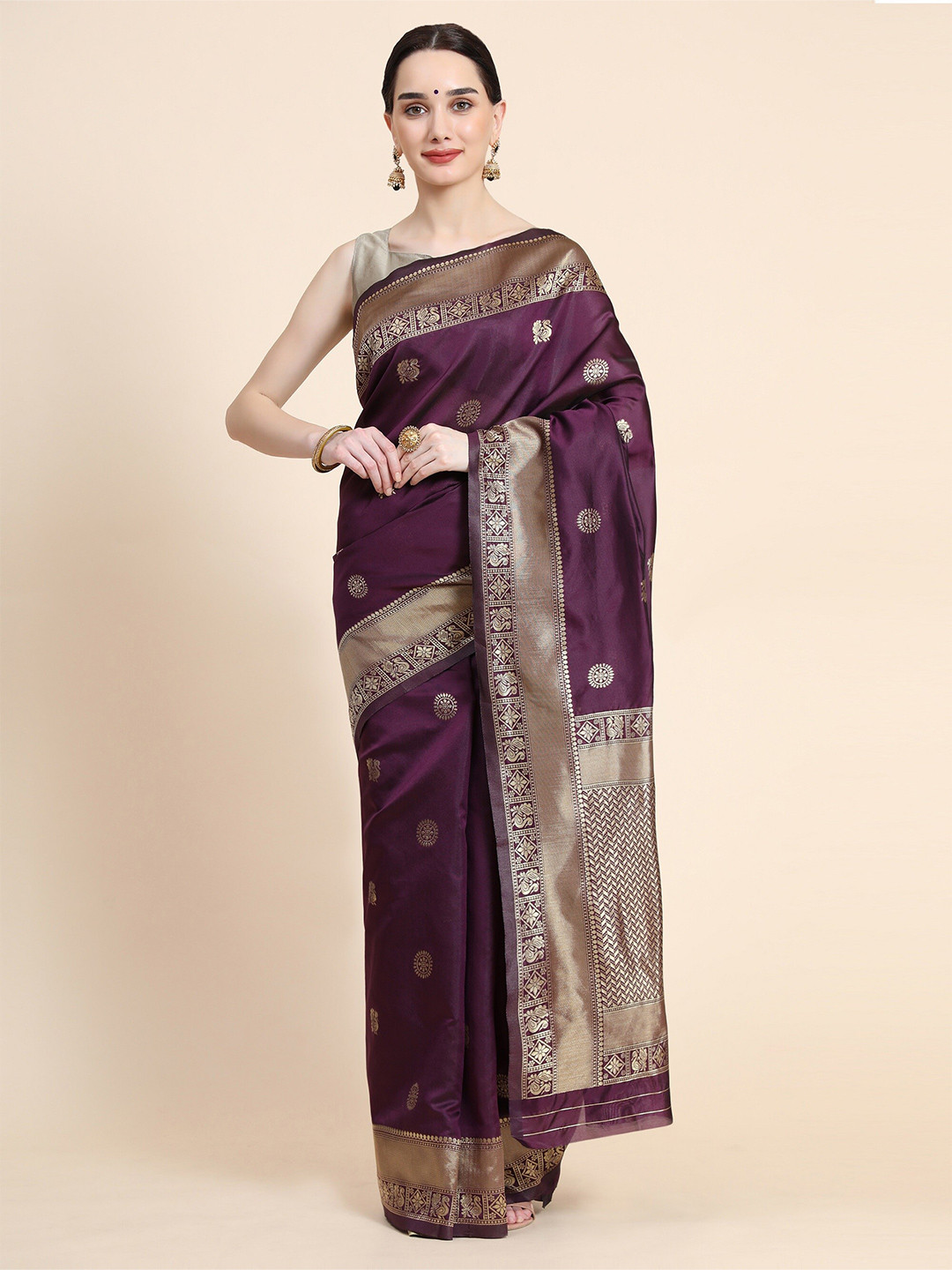 

AVANTIKA FASHION Purple & Gold-Toned Woven Design Zari Pure Silk Kanjeevaram Saree
