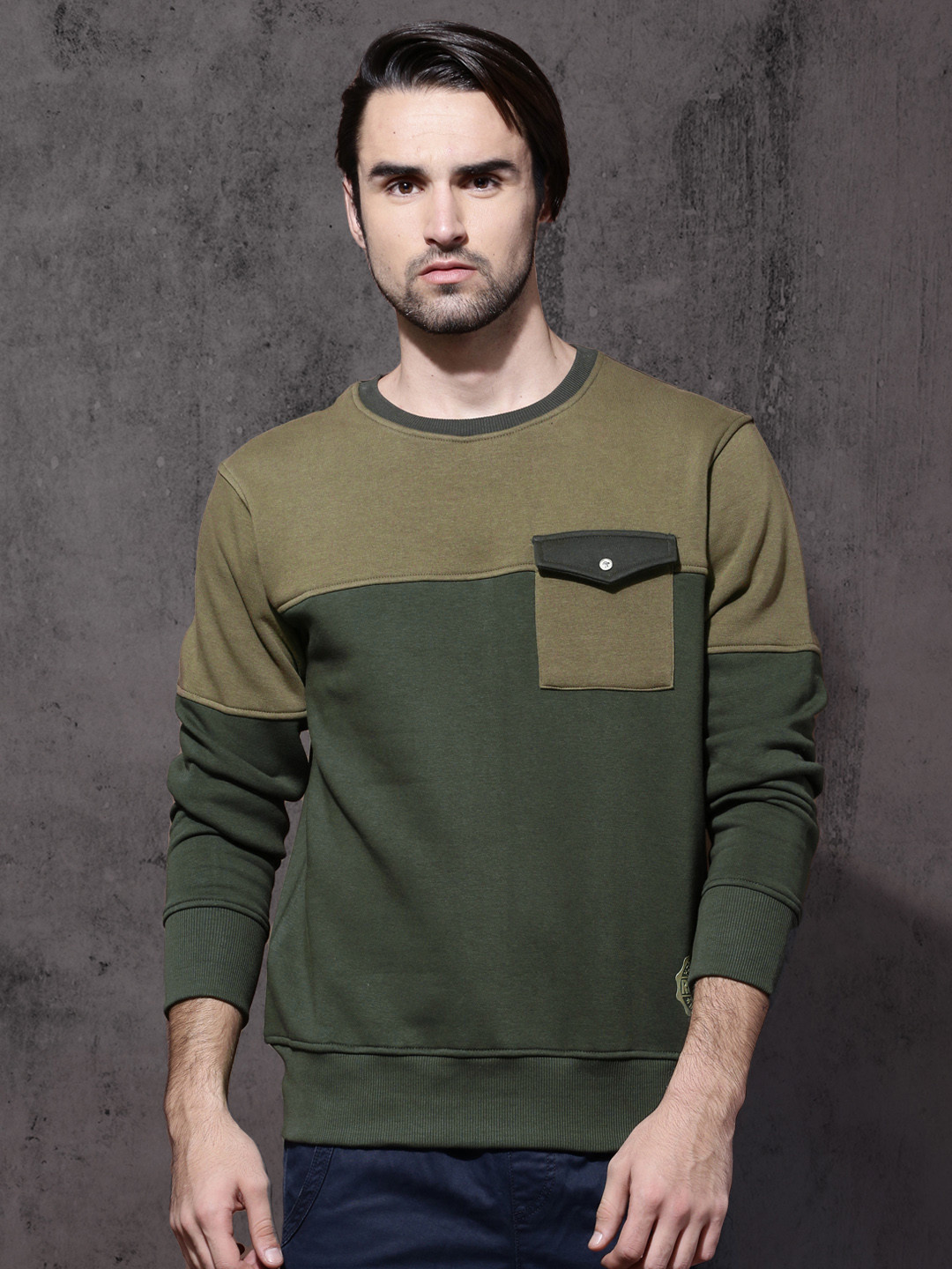 

Roadster Men Olive Green Colourblocked Sweatshirt