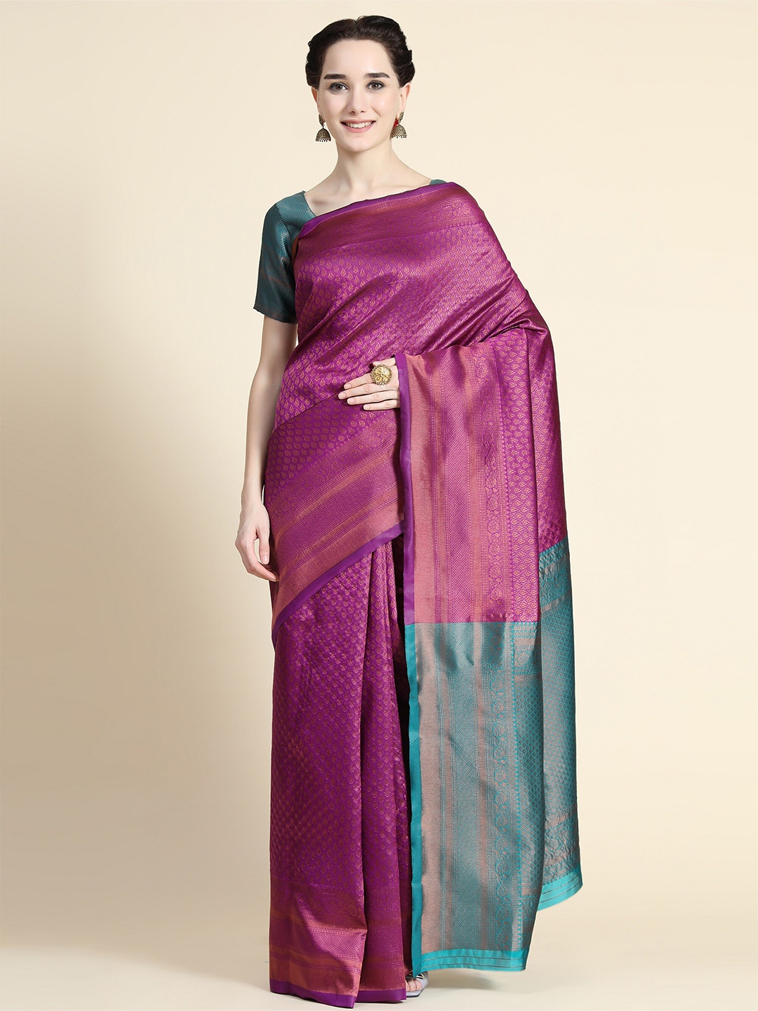 

AVANTIKA FASHION Purple & Green Woven Design Zari Pure Silk Kanjeevaram Saree