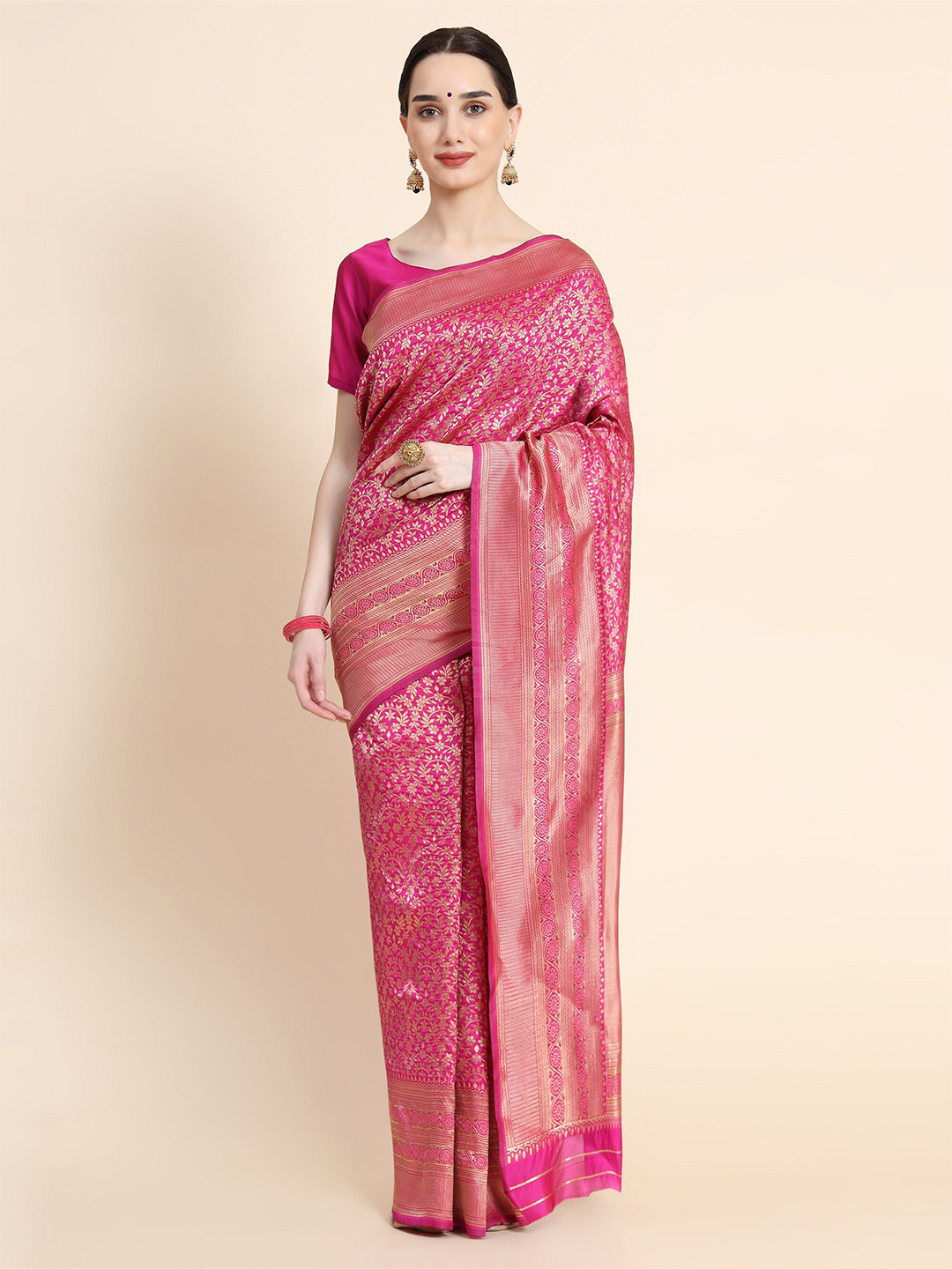 

AVANTIKA FASHION Pink & Gold-Toned Woven Design Zari Pure Silk Kanjeevaram Saree