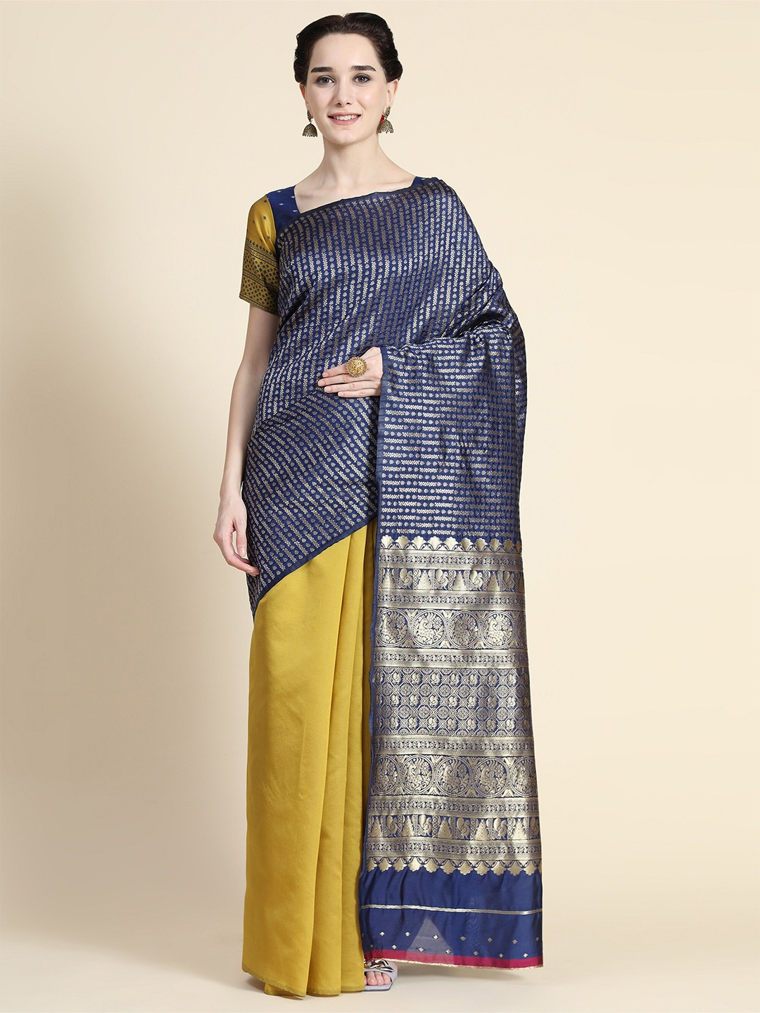 

AVANTIKA FASHION Blue & Mustard Woven Design Zari Pure Silk Kanjeevaram Saree