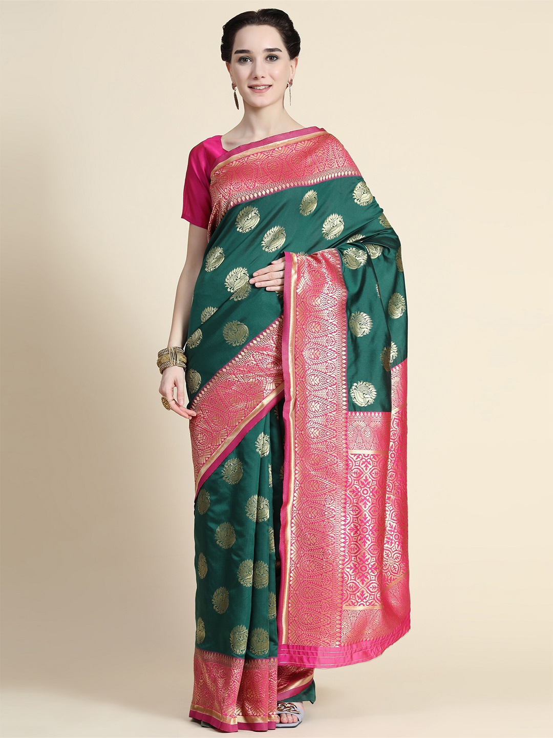 

AVANTIKA FASHION Green & Pink Ethnic Motifs Zari Pure Silk Kanjeevaram Saree