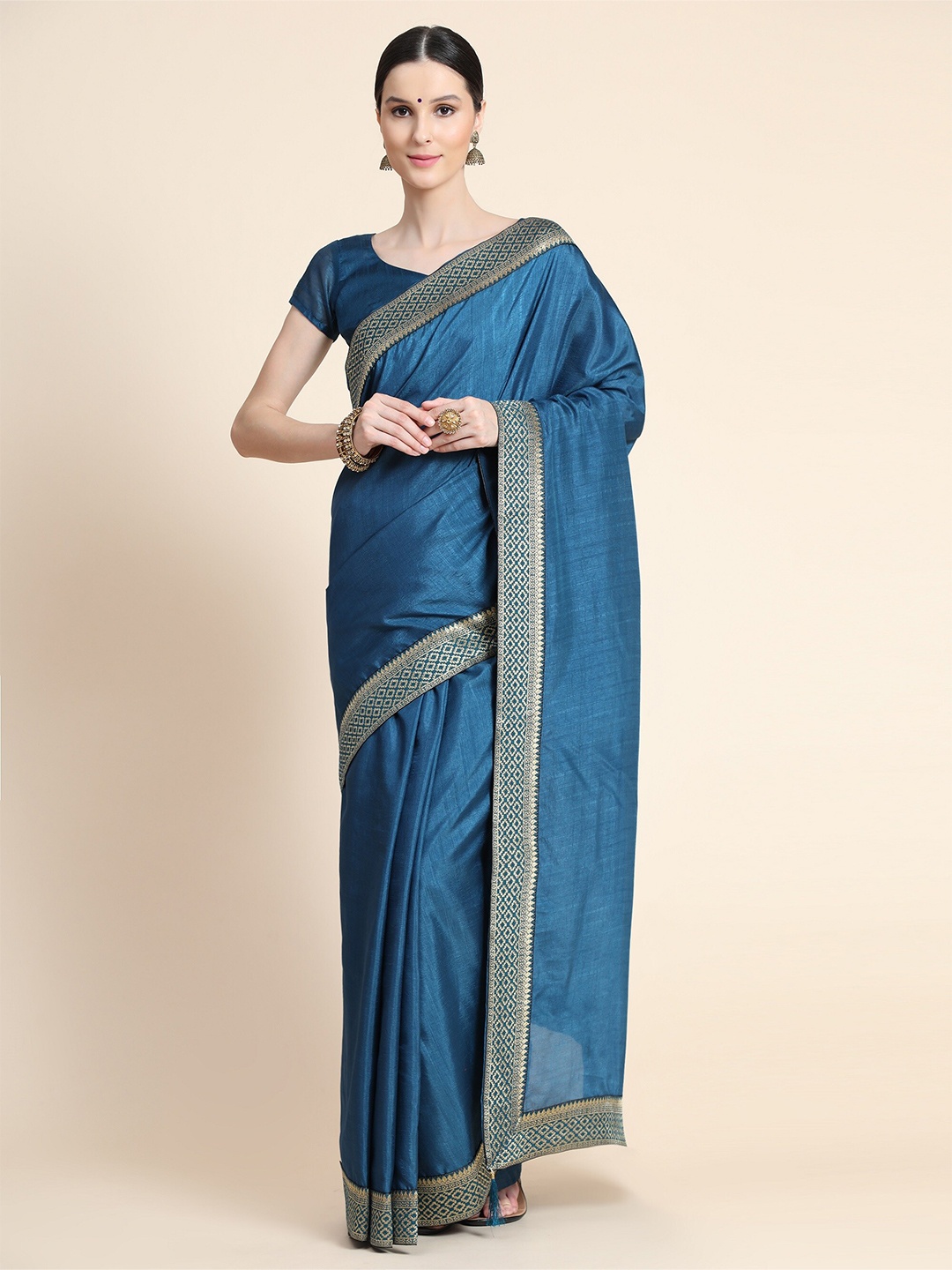 

AVANTIKA FASHION Teal & Gold-Toned Zari Art Silk Banarasi Saree