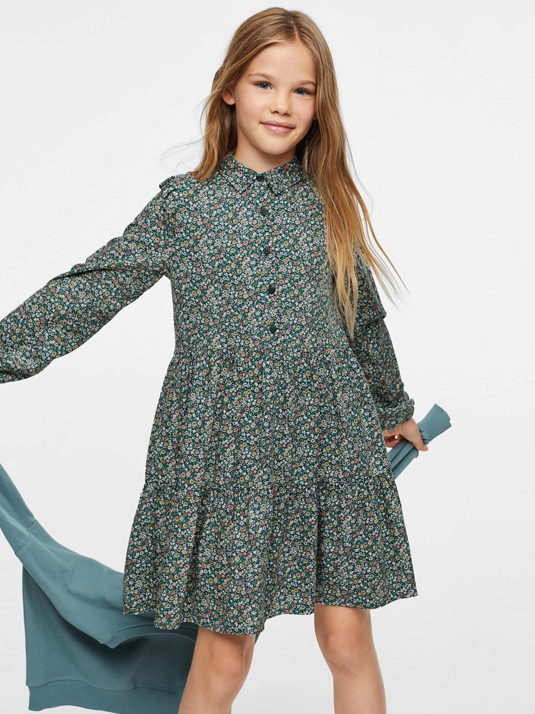 

Mango Kids Girls Floral Printed Puff Sleeves Shirt Collar A-Line Dress, Green