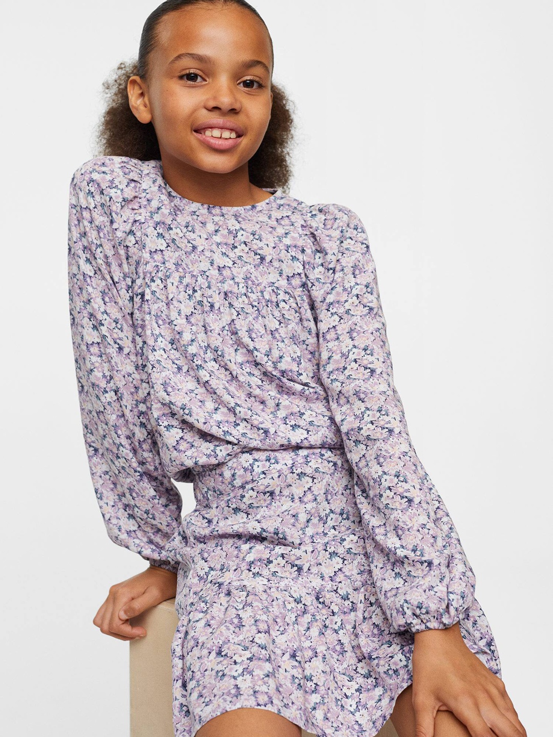 

Mango Kids Girls Floral Print Round Neck Sustainable Top, Lavender