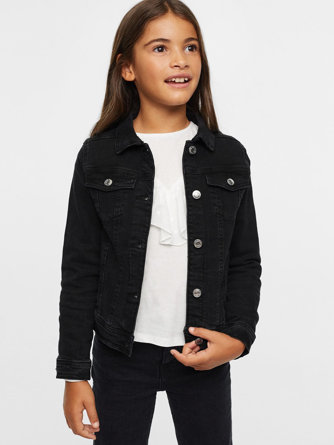 

Mango Kids Girls Black Solid Sustainable Denim Jacket