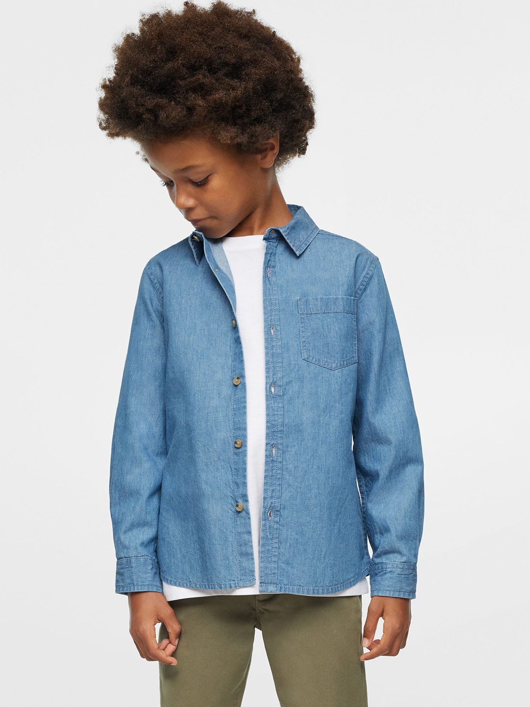 

Mango Kids Boys Blue Solid Pure Cotton Denim Casual Shirt