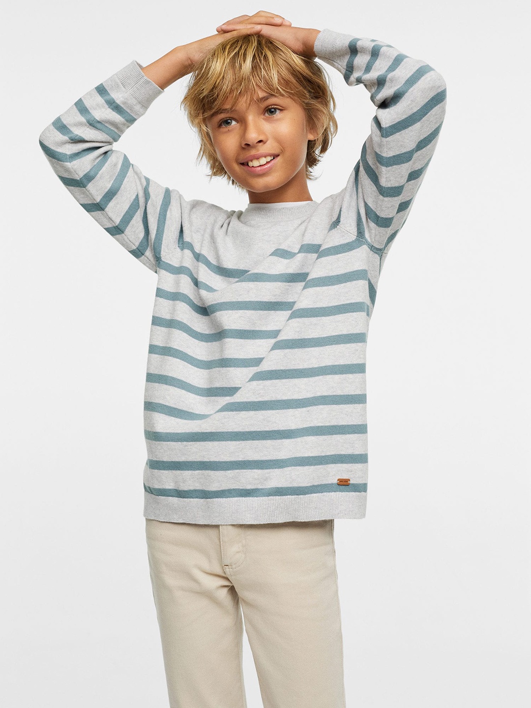 

Mango Kids Boys Round Neck Striped Sustainable Pullover, Grey melange