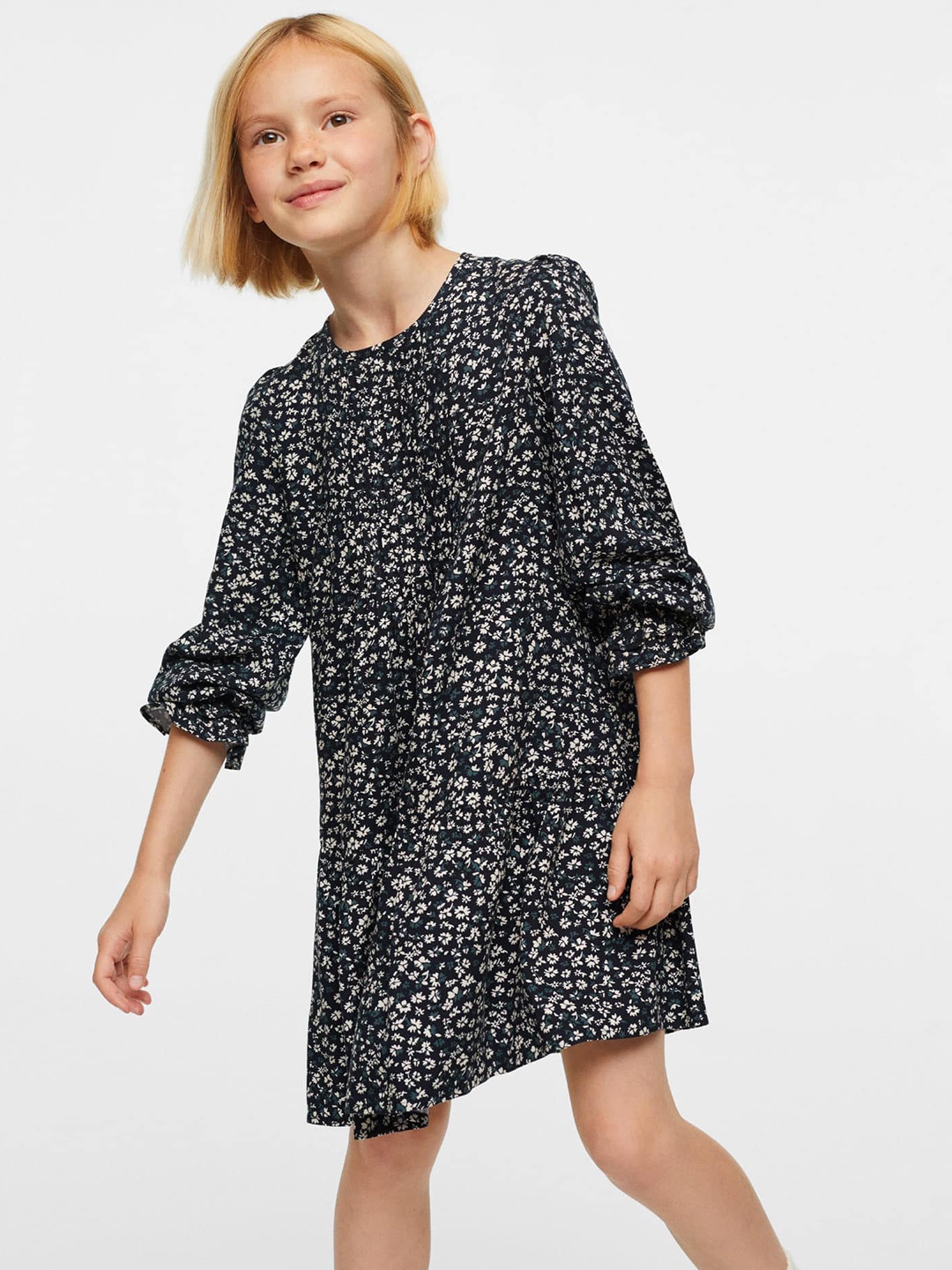 

Mango Kids Girls Floral Printed Puff Sleeves Sustainable Drop-Waist Dress, Black