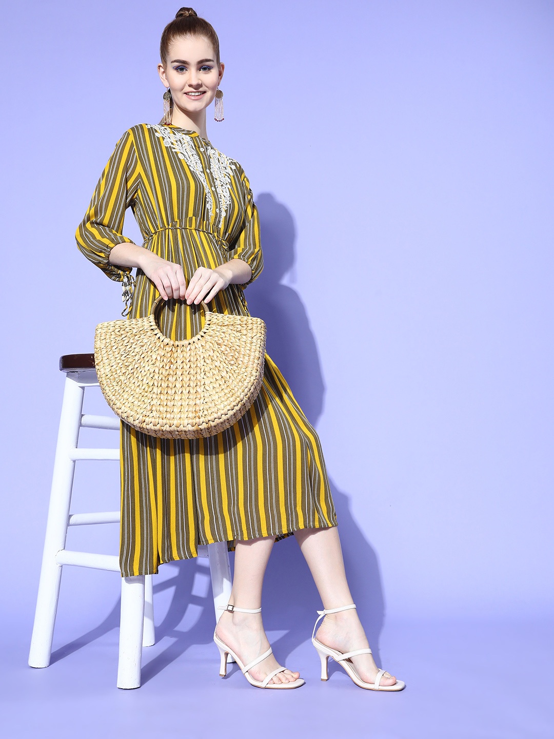 

Juniper Women Olive Striped Fluid Tie-Up Dress