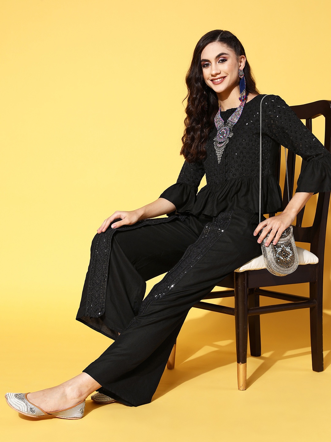 

Juniper Women Black Embellished Top with Trousers