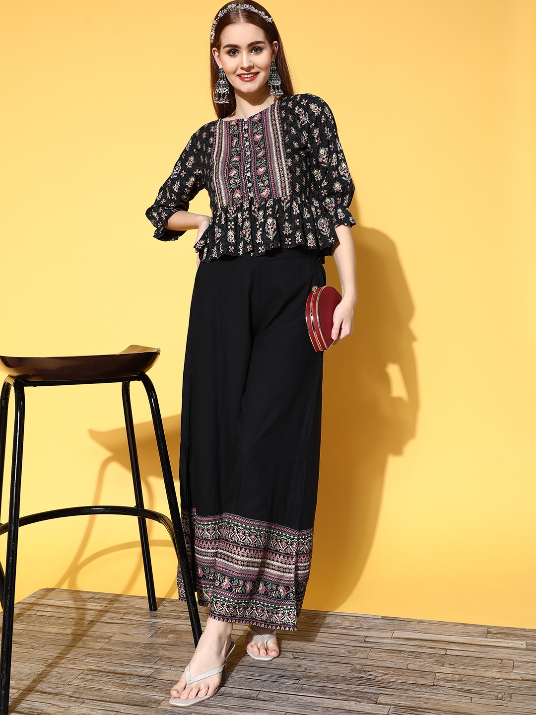 

Juniper Women Black Printed Top with Palazzos