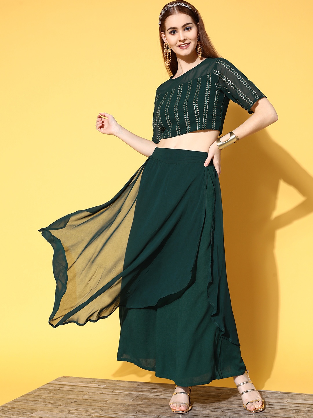 

Juniper Women Green Embellished Top with Solid Palazzos